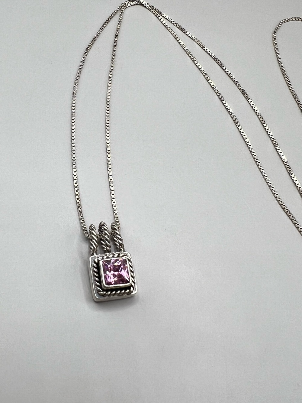 Lori Bonn Sterling Silver Pink Gemstone Square Rope Pendant Necklace